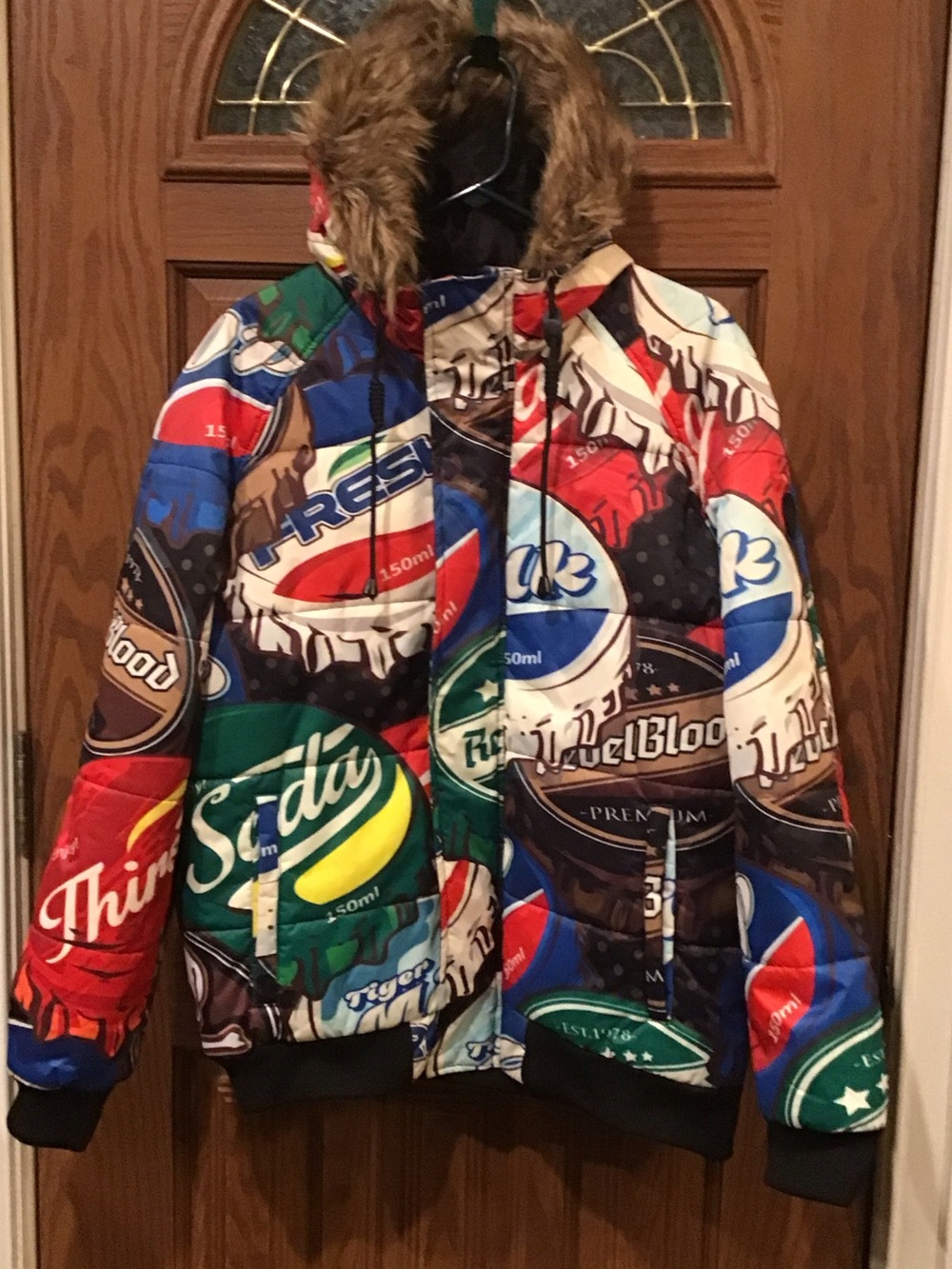 Vtg. 80’s Members Only Multicolor Graphic Puffer Jacket with Faux Fur Hood. M